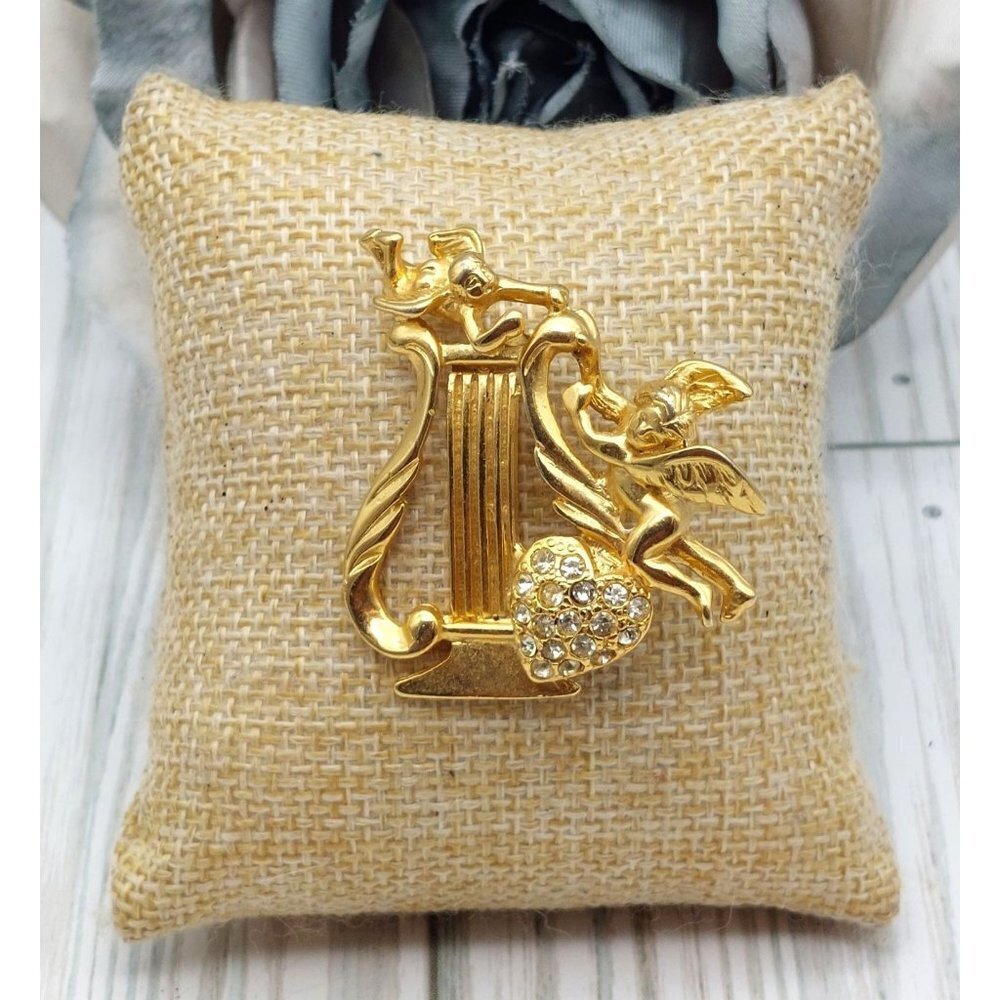 Vintage Gold Tone Harp Brooch Pin Cupid Angels Rhinestone Heart 1.75"